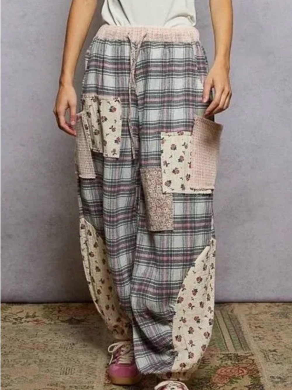 POL Patchwork Plaid Lounge Skirt in Pink, Black & Cream